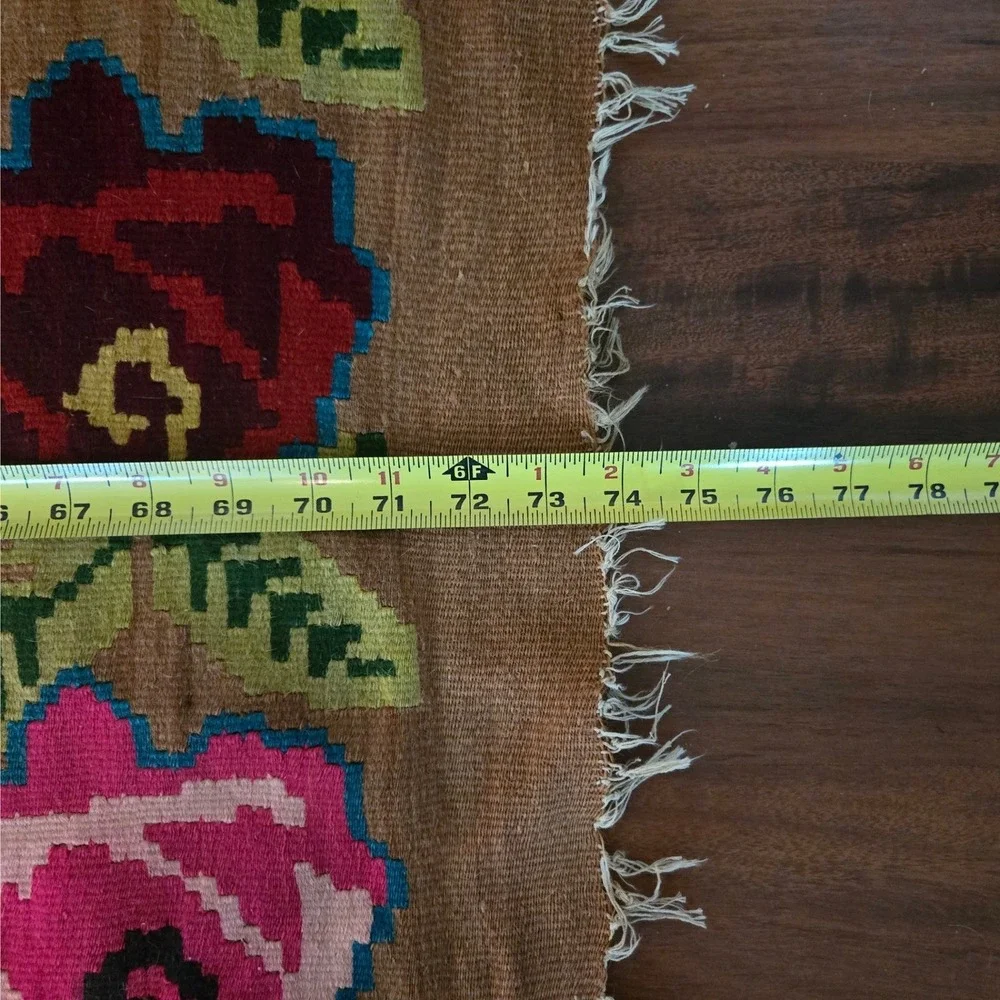 Vintage Handwoven Kilim Rug Floral Medallion Turquoise Tan Boho Flatweave Fringe